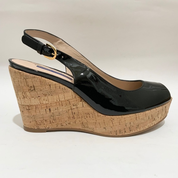 Stuart Weitzman Jean Black Leather Cork Wedge Platform Sandals  Summer Heels 9.5 - Picture 9 of 9